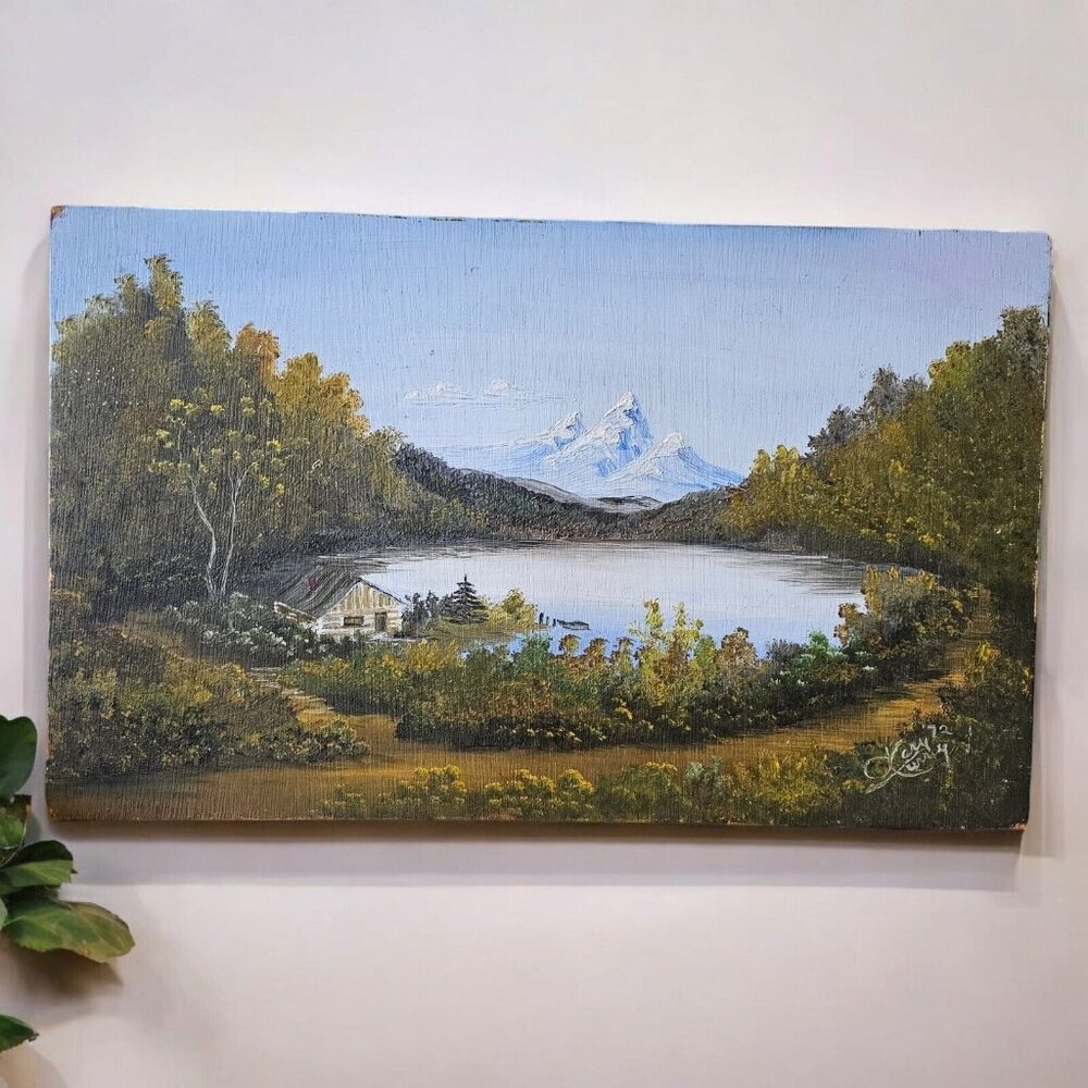 Vintage 70s Painting Original Nature Mountains Trees‎ Cabin Lodge On Board 13x21